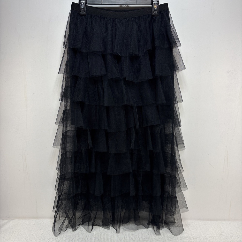 Ebossy Womens Black Tulle Tiered Layered Mesh Long Skirt Size M Fairy Whimsygoth